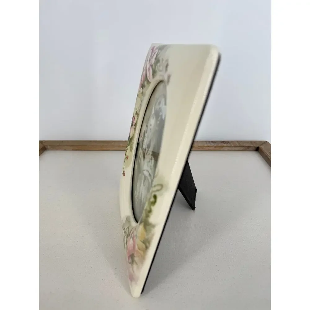 Vintage ceramic picture frame 5x7 oval ivory pink flowers victorian renaissance